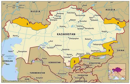 Distribution areas of the Sunn pest on wheat crops in Kazakhstan. 1—West (West Kazakhstan and Aktobe regions). 2—South (Turkistan region). 3—Southeast (Almaty, Zhambyl, and Zhetysu regions). 4—East (Abai and East Kazakhstan regions).