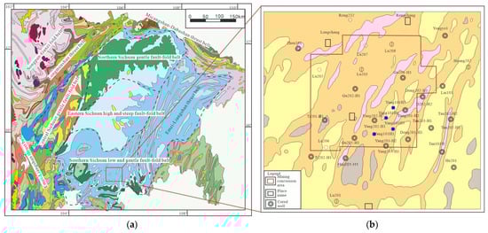 Geological background of the study area. (a) Tectonic location of the study area; (b) structural features of the study area.