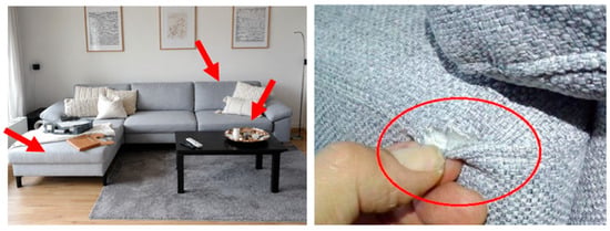 Example of fabric damage adjacent to a sewn seam observed in an upholstered furniture product under service conditions. Red arrows indicate the locations of fabric damage, and the red circle highlights a detail of the damaged seam region.