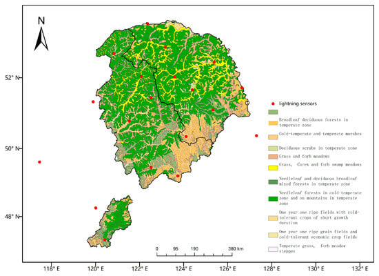 Study area map showing the major vegetation groups and the distribution of lightning sensors.