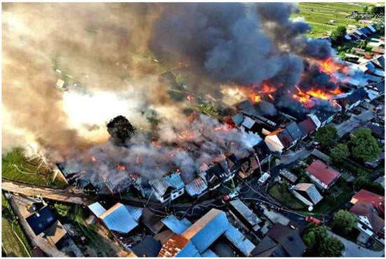 Fire in Nowa Biała—dense development, heavy smoke and the extent of the fire’s impact in the initial phase of the incident [25].