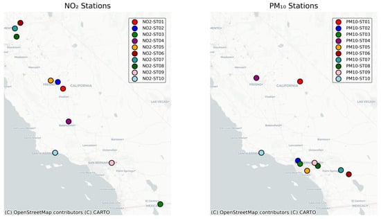 Stations’ locations for NO2 (left) and PM10 (right).