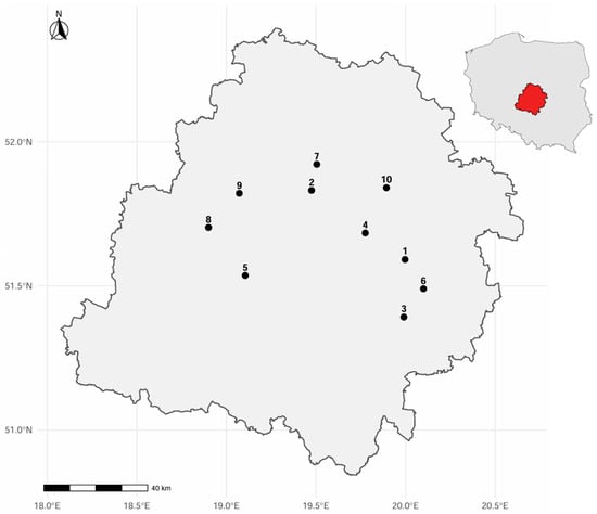 Location of the studied nature reserves against the background of the borders of Central Poland (design, and creation of the graphic by Mikołaj Latoszewski). Names of individual reserves: 1—Kruszewiec, 2—Las Łagiewnicki, 3—Błogie, 4—Łaznów, 5—Jodły Łaskie, 6—Jeleń, 7—Grądy nad Moszczenicą, 8—Jamno, 9—Jodły Oleśnickie, 10—Doliska.