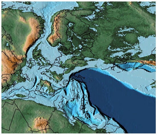 Paleogeographic map during the Lower Jurassic showing the extent of epicontinental seas in western Europe [44].