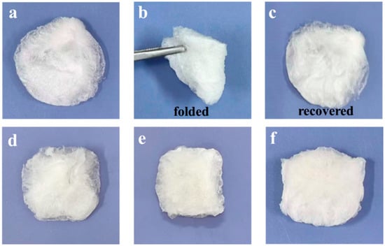 Photographs of the K0.25/Ch2 aerogel at original (a), folded (b) and recovered (c) states, and photographs of K0.5/Ch2 (d), K1/Ch2 (e)and K2/Ch2 (f) aerogels.