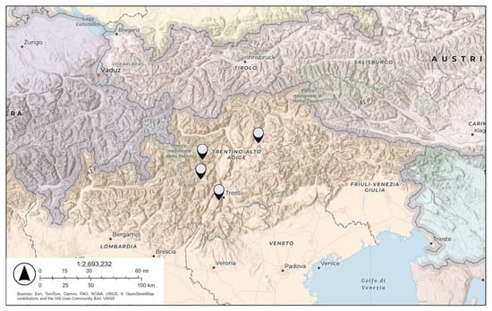 Location of study areas in the Alps (our elaboration from open data).