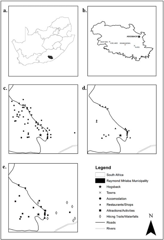 Study site map of the Hogsback area with (a) the location of the Raymond Mhlaba municipality in South Africa, (b) the location of Hogsback within the municipality and surrounding towns, (c) the location of accommodation establishments in the town, (d) restaurants and shops in the town, and (e) hiking trails and waterfalls in the local vicinity of the town.