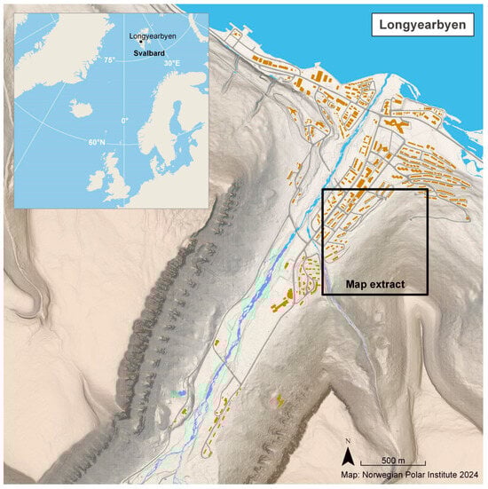 Location (left insert) and overview map of Longyearbyen (N 78° 13′ E 15° 38′), Svalbard, with the Lia area given in the map extract (right insert). The buildings of the city appear in a gold colour and the roads are drawn as grey lines.