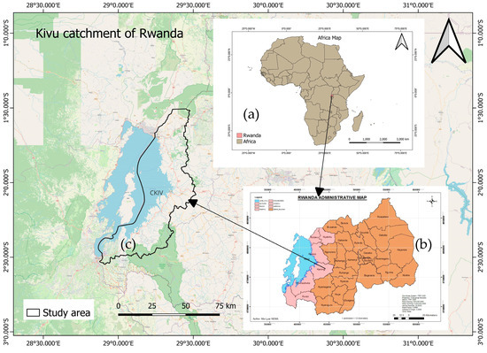 Study area location: (a) map of the continent of Africa; (b) map of Rwanda; (c) catchment area.