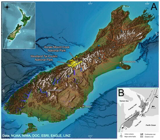 Overview of key locations mentioned in this study. (A) Aoraki Mount Cook National Park and Westland Tai Poutini National Park, situated back-to-back on the Main Divide of Kā Tiritiri o te Moana, the Southern Alps of Aotearoa New Zealand. (B) Tectonic setting characterised by the Alpine Fault and mountain building at the plate boundary.