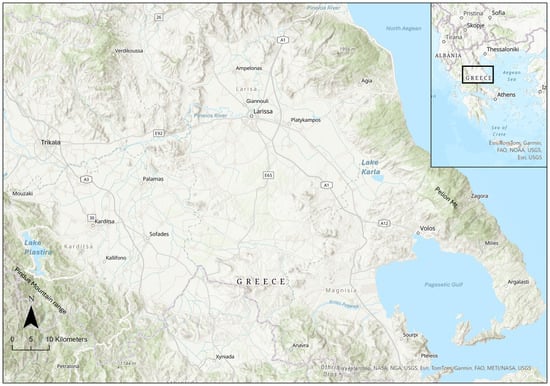 Map of Thessaly showing the plain situated between the Pindus Mountain Range in the west and Mount Pelion and the North Aegean Sea in the east, together with its main cities (Larissa, Trikala, Karditsa, and Volos) and principal water bodies (the Pineios River, the Pagasetic Gulf, Lake Plastira, and Lake Karla). The inset map shows the location of Thessaly within the Balkan Peninsula, outlined by the black rectangle.