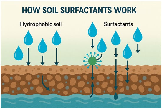 How soil surfactants work. Note: By Microsoft. Copilot. Microsoft (2025) (https://copilot.microsoft.com (accessed on 11 November 2025)). In a hydrophobic surface soil, very little water will move into the soil profile. Surfactants reduce the surface tension of water, which allows for easier penetration at the air/soil interface. By adding surfactants to the irrigation water, surface tension is reduced, water penetrates the soil surface and moves easily between soil pores and throughout the soil profile.