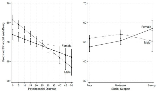 Gender differences in the associations of financial well-being with psychosocial distress and social support (n = 533).