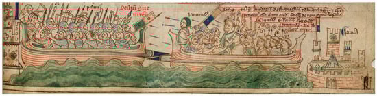 Naval battle. Cambridge, Corpus Christi College, ms. 16, f. 147. Chronica maiora II. Matthew Paris.