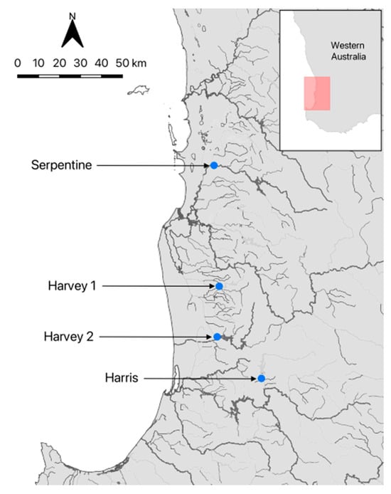Map showing the locations of sampling sites in southwestern Australia. Map insert shows location of the sampling area (colored box) in Western Australia.