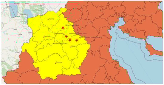 Administrative map of Western Macedonia (Greece) showing the study area, the main urban centers (Kozani, Ptolemaida, Florina, Grevena), and the location of PPC lignite-fired power plants. Source: author’s own creation.