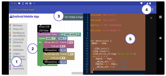 EmDroid App. 1. Graphical blocks. 2. Working area to construct the algorithms. 3. Button to see C language code of the graphical blocks. 4. Main menu (program, save, graph, and connect with Bluetooth). 5. Tab with the equivalent C language for the blocks.