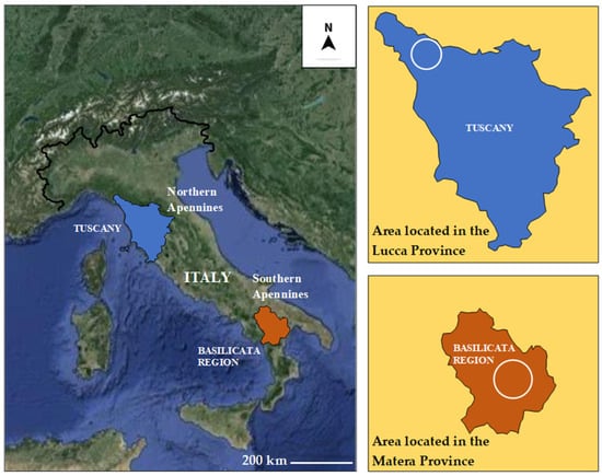 Geographic Location of study areas. Latitude and Longitude of the center of the study area in the Lucca Province: 44.1384, 10.3551; Latitude and Longitude of the center of the study area in the Matera Province: 40.3978, 16.2749. The circles indicate the areas under investigation.