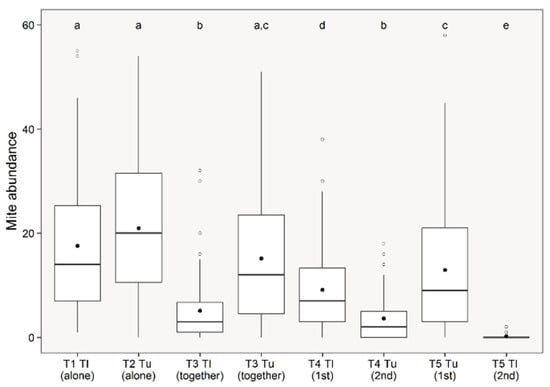 Paired comparisons between treatments in relation to the number of Tetranychus ludeni and Tetranychus urticae released individually, simultaneously or after four days on bean plants. Notes = boxplots: box − interquartile range (IQR) covering the 2nd and 3rd quartiles, inner line = median, whiskers = data dispersion, outliers = open points, means = closed black points. Letters above boxplots indicate significant differences if they are distinct among every pair group. (T1: T. ludeni alone; T2: T. urticae alone; T3: T. ludeni and T. urticae together; T4: T. ludeni (1st) and T. urticae (2nd); T5: T. urticae (1st) and T. ludeni (2nd)).