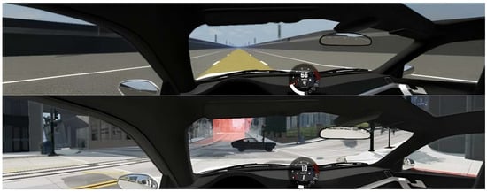Screen view of the simulator environments. Highway driving scenario (top) and urban driving scenario (bottom).