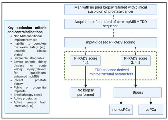 Study flow and imaging protocols. Key exclusion criteria and contraindications are listed on the left. TDD-derived microstructural parameters will be extracted from all patients undergoing mpMRI. mpMRI, multiparametric MRI; TDD, time-dependent diffusion; PI-RADS, Prostate Imaging–Reporting and Data System; csPCa, clinically significant prostate cancer; non-csPCa, non-clinically significant prostate cancer.