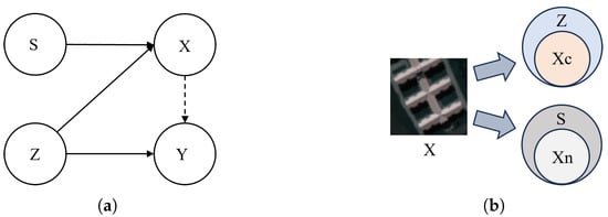 (a) SCM of the image generation process. Z, S, X and Y denote the latent physical properties, sensing scene, observed image, and semantic label, respectively. (b) Illustration of representation disentanglement. 
  
    X
    c
  
 and 
  
    X
    n
  
 denote the causal features and non-causal features, respectively.