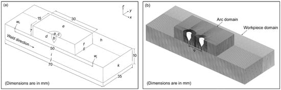 Computation domain for (a) single electrode configuration: Showing boundaries with letters (b) double-electrode configuration: showing mesh.