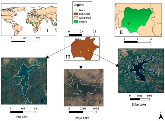 Map of the Study Sites created with QGIS showing the following: Position of Nigeria on the world map (I), position of Ekiti State in Nigeria (II); Position of the three lakes within Ekiti State (III); Ero lake, Ureje lake and Egbe lake. All measurements are given in Map units.
