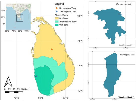 Location of the two study sites. The main map shows the island-wide distribution of three climatic zones: Dry Zone (yellow), Intermediate Zone (light green), and Wet Zone (dark green), with the locations of the two study tanks indicated by colored dots. Huruluwewa Tank is situated in the North-Central Dry Zone (Orange color dot), while Thalangama Tank is located in the southwestern Wet Zone (Blue color dot). The blue inset maps show the digitized outlines and spatial morphology of Huruluwewa and Thalangama tanks, with separate scale bars indicating their approximate dimensions. Boundary layers were obtained from the National Spatial Data Infrastructure, Sri Lanka. (https://www.nsdi.gov.lk accessed on 11 July 2026). Base map obtained from OpenStreetMap ©OpenStreetMap Distributed under the Open Data Commons Open Database License (ODbL) v1.0 (for further information, please see https://www.openstreetmap.org/copyright/en, accessed on 11 July 2026). The final map was produced using QGIS Desktop version 3.34.5.