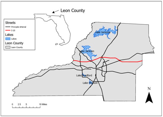 Location of Leon County, Florida, and the four lakes selected for spatial evaluation: Iamonia, Jackson, Munson, and Bradford.