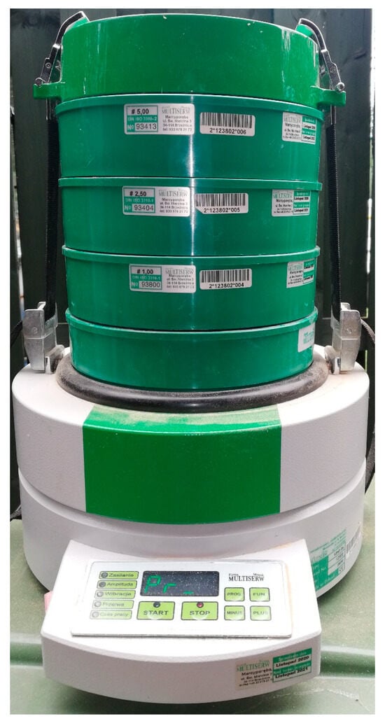 General view of laboratory sieve shaker (model LPzE-2e, manufactured by Multiserw-Morek, Brzeźnica, Poland).