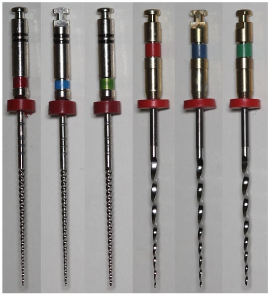 Representative images of the tested instruments. From left to right: ProFile 25/.04, 30/.04, and 35/.04 and EndoSequence 25/.04, 30/.04, and 35/.04.