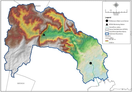 Carcar River Catchment showing locations of monitoring stations: DWPH flow observation site and PhilSensors water level sensor at Carcar Bridge. The map also illustrates the catchment boundary and elevation gradients, highlighting the transition from mountainous headwaters to the urbanized floodplain.