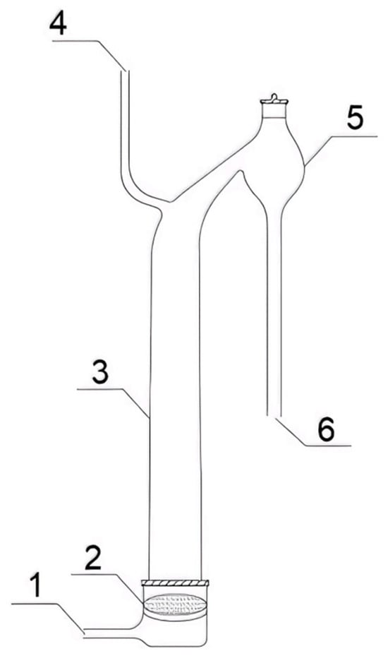 Diagram of the experimental apparatus. 1—Air Inlet; 2—Glass; 3—Frit Flotation Tube; 4—Injection Port; 5—Defoaming Chamber; and 6—Sampling Port.