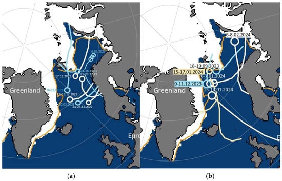 Map of PLs’ trajectories for the cold period of 2022−2023 (a) and 2023−2024 (b) (the base is the sea ice map from the National Snow and Ice Data Centre archive (https://nsidc.org/home/ (accessed on 16 October 2025). The orange line shows the average multi-year ice boundary for the period 1981−2010.