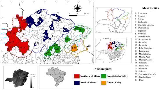 Geographic delimitation of the four mesoregions studied and location of the 24 evaluated sites in Minas Gerais, Brazil.