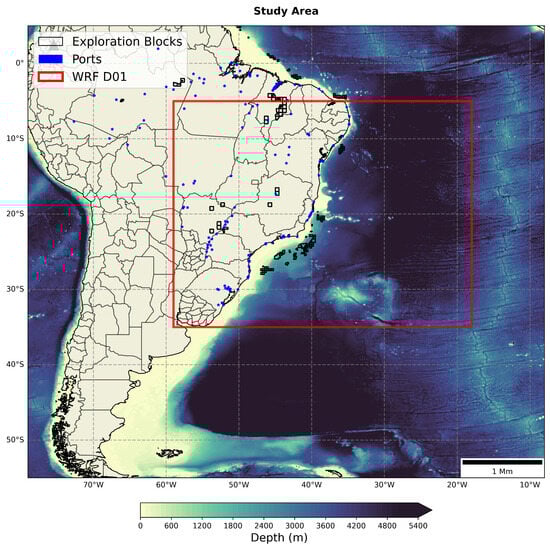 Study area along the eastern coast of Brazil. The black contours indicate exploratory blocks, and the blue asterisks mark ports, both maritime and fluvial (which explains the presence of some points on the continent).