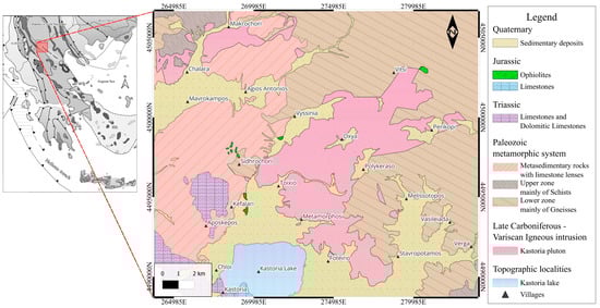 Geological map of the Kastoria pluton (modified after [9]). Upper left corner, geological map of Greece, modified after [1] with red square indicating the study area.