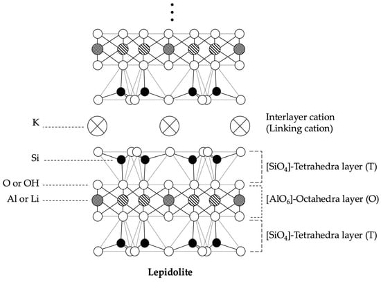 The tetrahedra-octahedra-tetrahedra (TOT) structure of lepidolite.