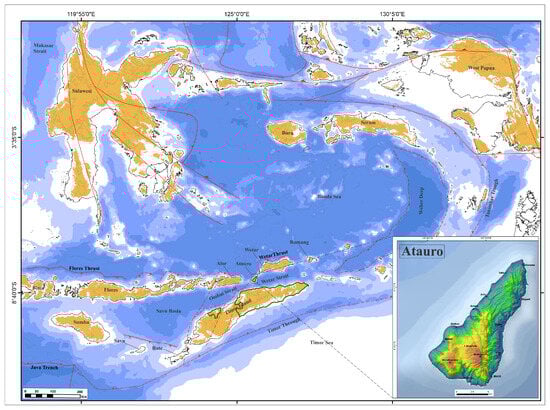Location of Ataúro Island within the eastern segment of the Banda Arc, highlighting its position between the volcanic front and the Australian continental margin.