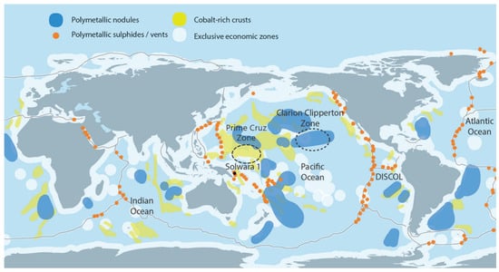 Global distribution of the main provinces hosting deposits of interest for deep-sea mining. Dotted lines indicate mid-ocean ridges and major tectonic features, while colored areas represent the distribution of polymetallic nodules, ferromanganese crusts, and seafloor massive sulfides. (Source: adapted from [5] (Creative Commons Attribution, CC BY).).