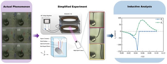 (a) Schematic of the experimental setup. (b) When a current of 9.53 A is input into the Helmholtz coil, a magnetic field is generated. The generated magnetic field has a relatively uniform region, which is defined by x, y, z ∈ [−20 mm, +20 mm]. (c) Mass magnetization curves of the rod-shaped matrix and spherical particles.