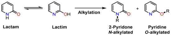 Lactam–lactim tautomerism of 2(1H)-pyridone and its chemoselective N- and O-alkylation pathways.