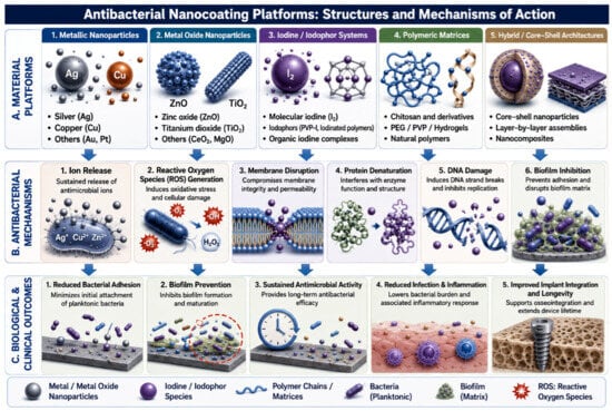 Antibacterial nanocoating platforms surveyed in Section 2 (A), their principal mechanisms of bacterial inactivation (B), and the resulting biological and clinical outcomes (C).