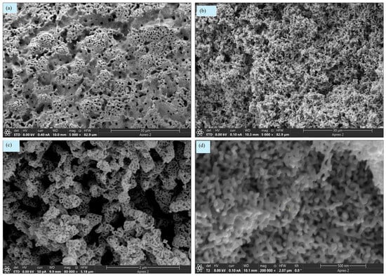 SEM images of (a) gold–silver alloy monolith after being annealed at 600 °C showing pore coarsening, (b) pores of upper hierarchy, (c) pores of lower hierarchy after chemical dealloying, (d) Nanoporous gold monolith, (e) EDS data after annealing at 600 °C, and (f) EDS data after chemical dealloying in concentrated trace metal grade nitric acid.
