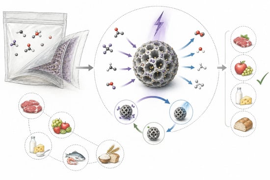 Conceptual framework of SABNs in active food packaging, integrating adsorption, catalytic conversion, and stimuli-responsive regeneration within a single platform. This three-pillar architecture is designed to enhance selectivity, delay saturation, and support reusable performance in response to external triggers. Complete mineralization and sustained operation under real cold-chain conditions remain areas for further validation.