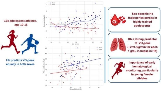 Relationship between hemoglobin concentration (Hb) and age by biological sex; Intersection at age 10.83 years, Hb 13.65 g/dL; blue, boys; red, girls. Bold x marks the intersection point of the curves.