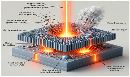 Schematic illustrating laser–material interaction, depicting surface melting, vaporization, and crater creation resulting from high-intensity laser irradiation, with an emphasis on heat conduction and recast layer generation.