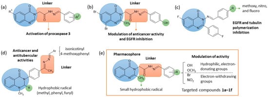 Representative quinazolinone–hydrazone derivatives previously reported in the literature (a–d) and the proposed molecular model (e).