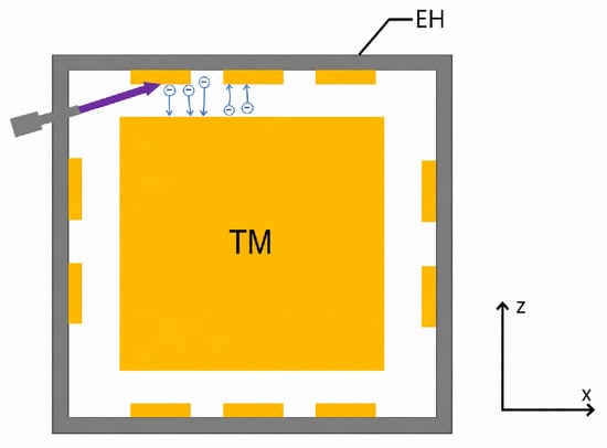 Schematic of UV discharge illumination in a space inertial sensor. Yellow indicates the TM and EH electrodes, gray the EH housing, purple the incident UV light, and blue the photoelectron motion.